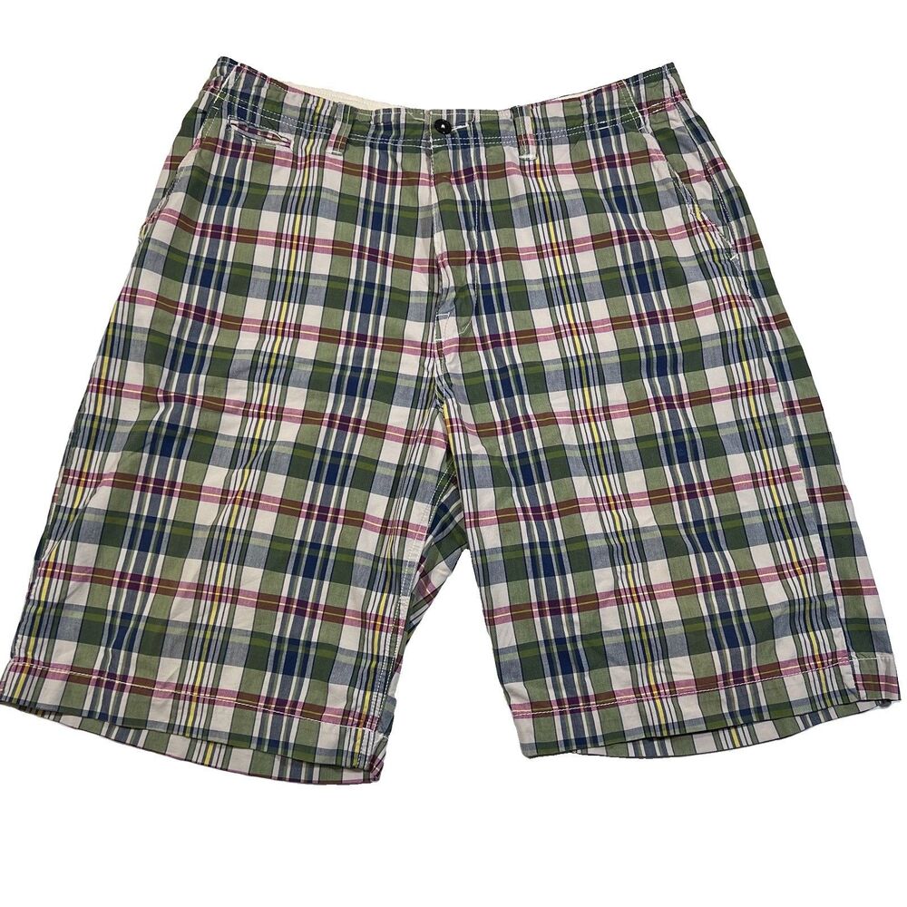 American Eagle AE Plaid Green Madras 100% Cotton Chino Shorts Men's Size 36